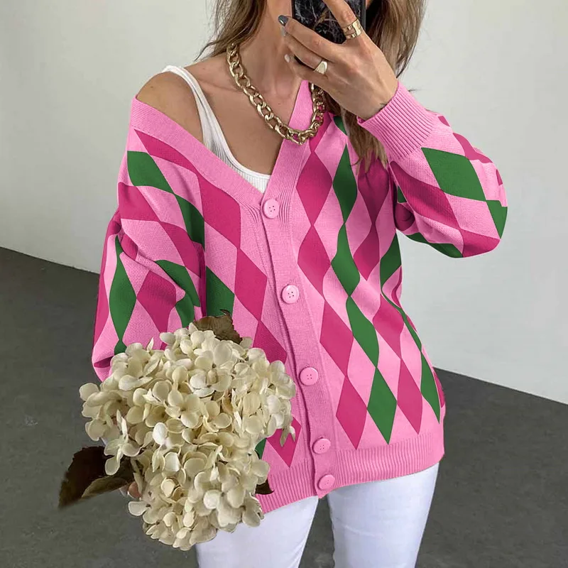 Женский кардиган WENYUJH с узором ромбиками осенние свитера в стиле преппи пальто