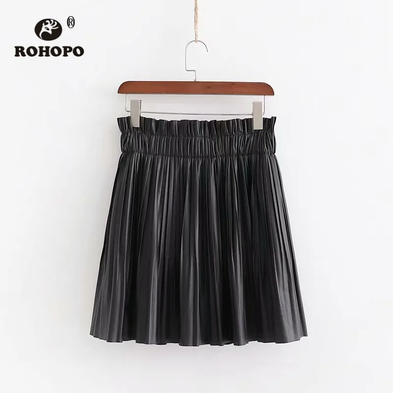 ROHOPO с завышенной талией плиссированная черная юбка из искусственной кожи