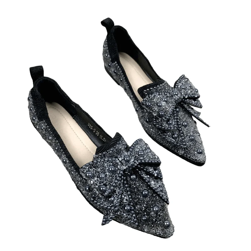 

New spring net red bow pointed rhinestone pearl women's shoes flat single shoes female fairy style