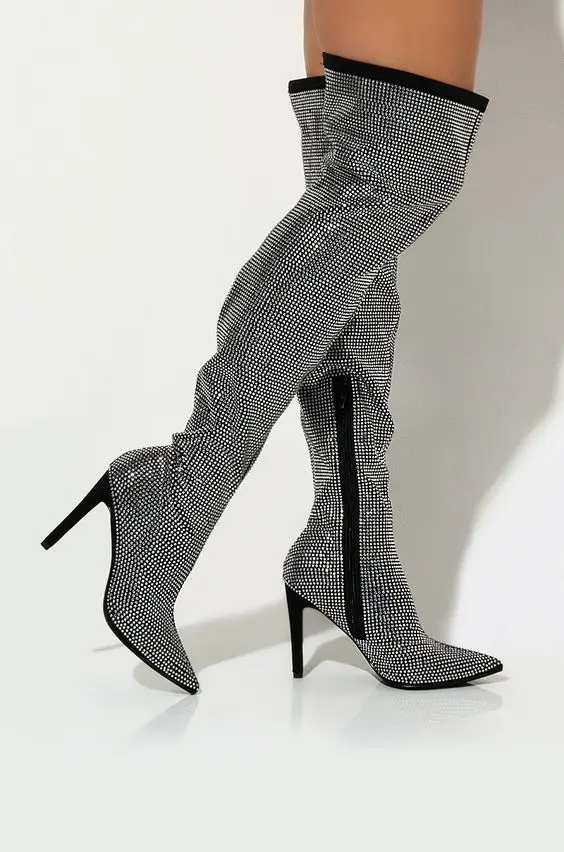 

Big size fashion solid color hot drill pointed sexy high boots winter boots
