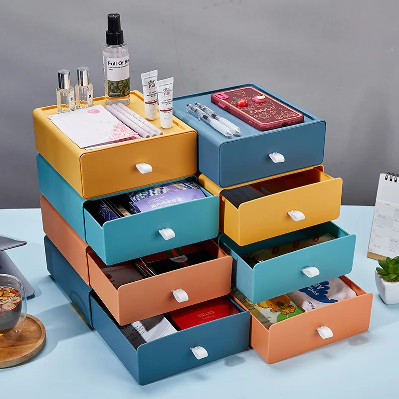 

Colorful Desktop Organizer Drawer Office Desk Stackable Storage Box Shelf Makeup Jewelry Plastic Storage Container Accessories