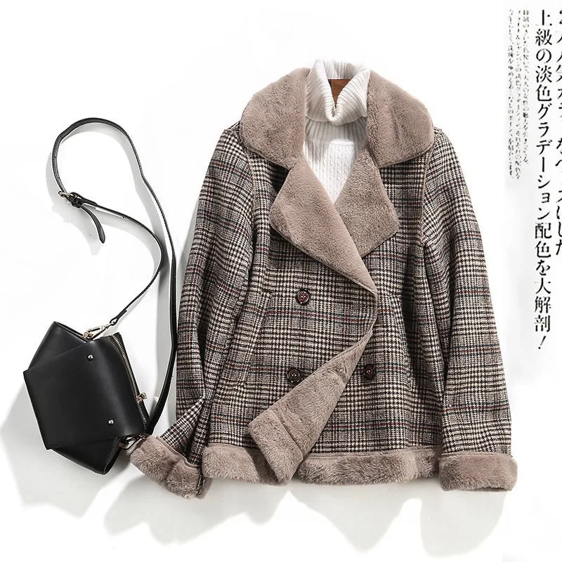 

Korean Style Grid Print Women's Wool Down Cotton Padded Jacket Turn-down Collar Autumn Winter Loose Elegant Top Coat
