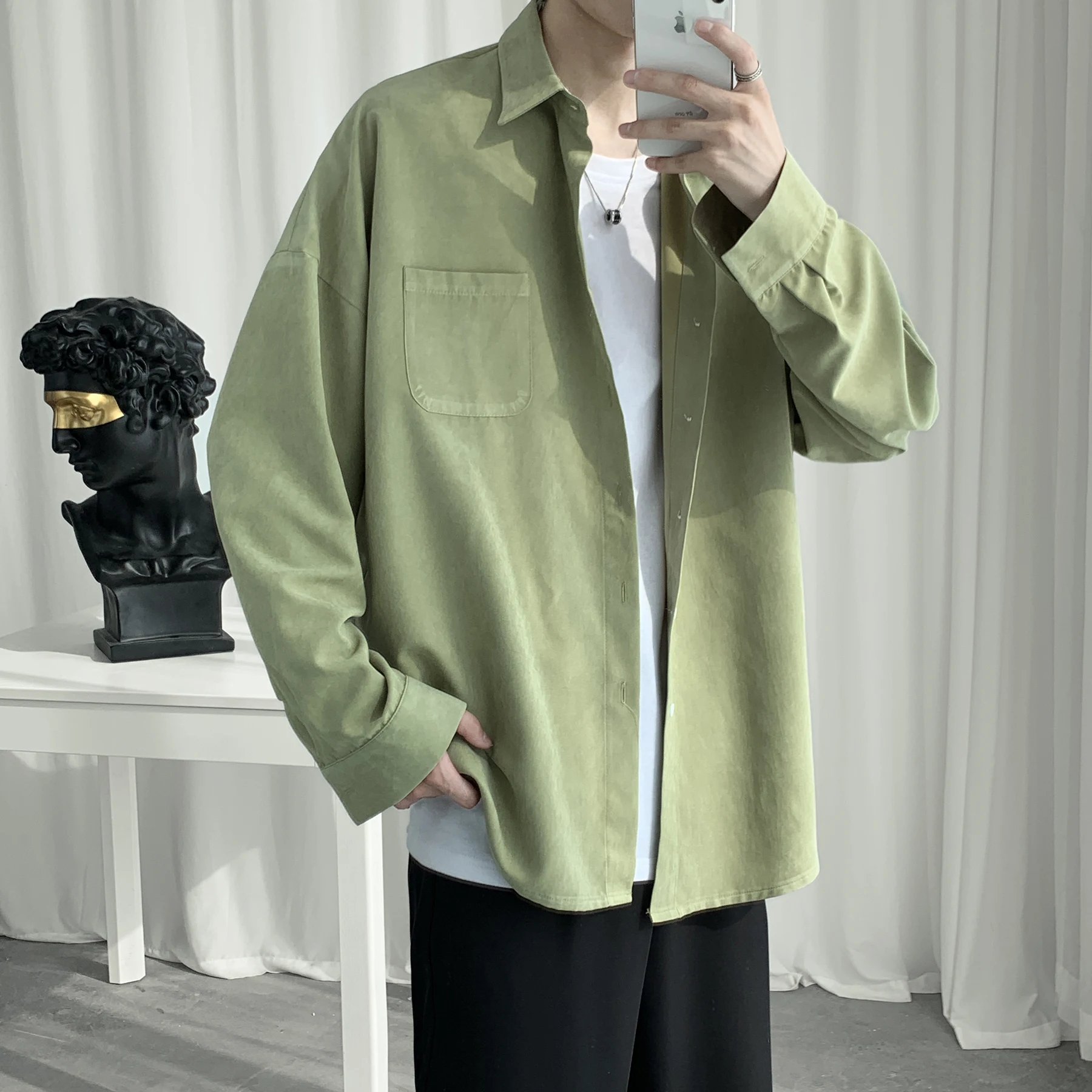 Однотонные свободные мужские повседневные рубашки корейские с длинным рукавом