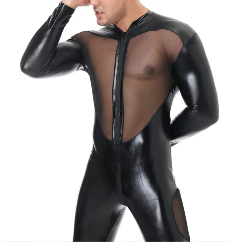 

Mens Bodysuit Mesh Patent Leather Jumpsuit One-piece Nightclub Stage Rompers Wrestling Singlet Zip Open Crotch Leotard Dancewear