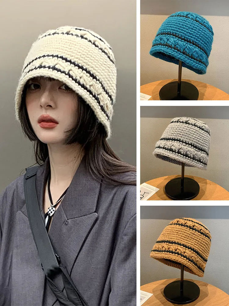 

2021 Spring Autumn New Style Hand Hook Bucket Hat Women Korean Version All-Match Stripe Knit Fisherman Hat czapka zimowa damska