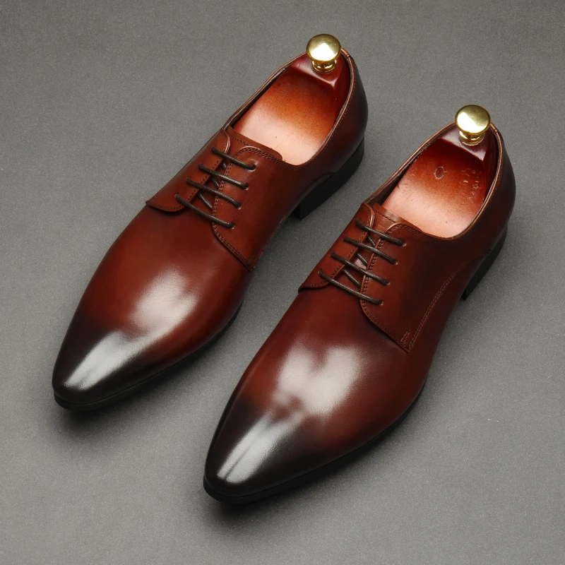 Фото Мужские деловые модельные туфли из натуральной кожи ручной работы с острым