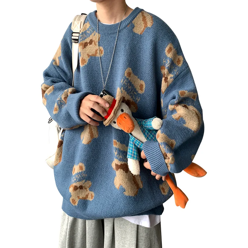 

Men's Knitted Pullovers Sweater Cartoon Little Bear Thick Warm Bottoming Men Pullovers Korean Harajuku Casual Male Pullovers