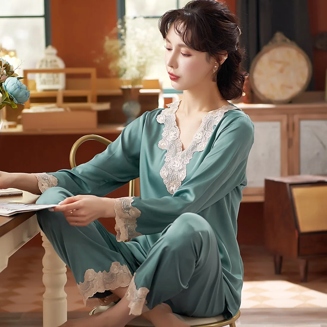 

Burgundy Satin Silk Pajamas Set Women 2PCS Sleepwear Spring Summer Long Sleeve Nightwear Pijamas Suit Loose Casual Home Clothes