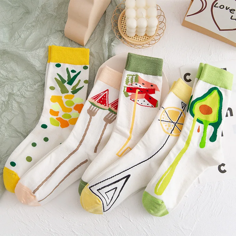 

Spring and Autumn Trend Pure Cotton Ladies Socks Fruit Avocado Lemon Watermelon Cute Pattern Fashion College Style Candy Color