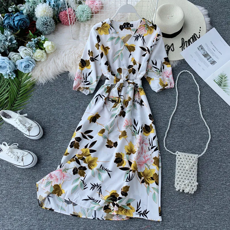 

Spring Autumn Vintage Print Dresses Women Elegant V-neck Single Breasted Pullover Dress High waist Lantern Sleeve vestidos