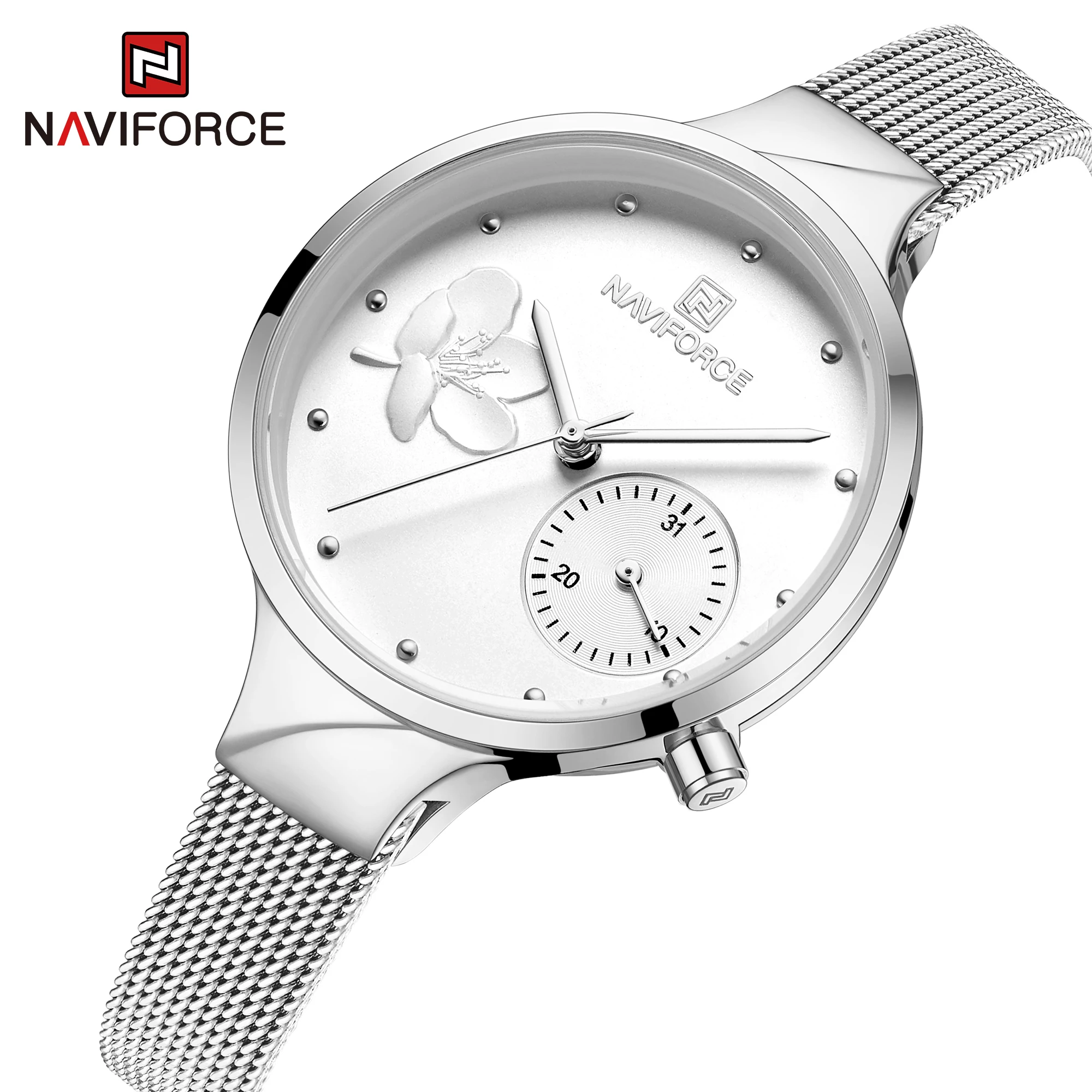 Часы NAVIFORCE женские кварцевые модные серебристые водонепроницаемые из