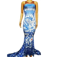 blue and white porcelain print chinese style women dresses backless sleevelesstight elastic long tailing dresses lady stage wear