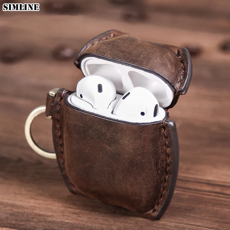 Чехол Airpod из натуральной кожи, Винтажный чехол Crazy Horse Airpods 1 2, чехол, беспроводной Bluetooth, защитный чехол для наушников с кольцом для ключей