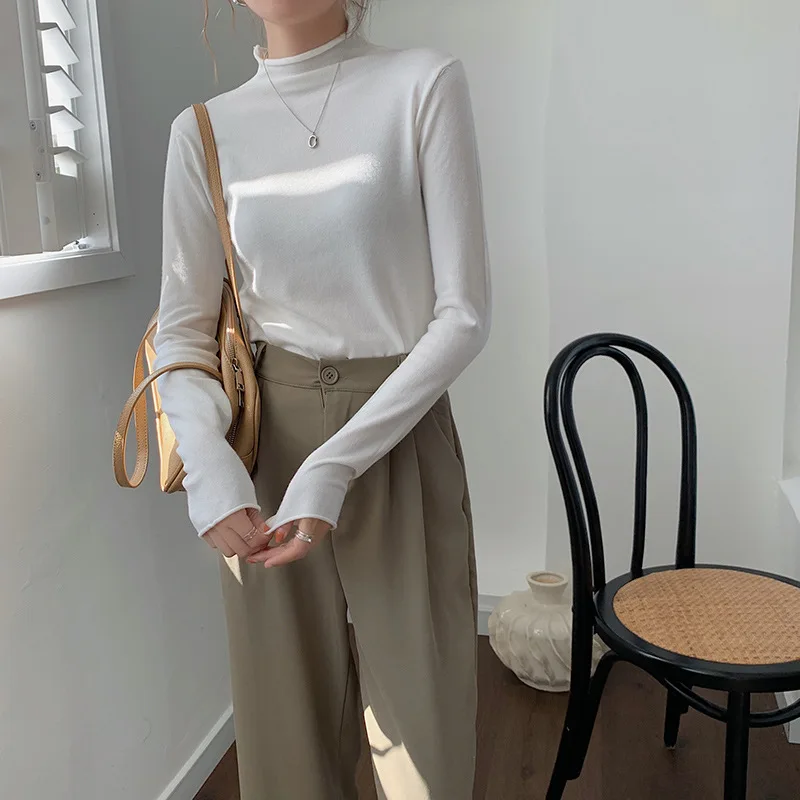 

Half Turtleneck Knitted Bottoming Shirt 2021 Spring and Autumn New Korean Version of Pure Color Simple Long-sleeved Thin Sweater