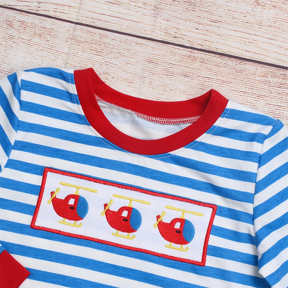 New Style Small Airplane Embroidery Long Sleeve Boy T Shirt Red Pants Cute Kids Boutique Clothing For Spring Autumn