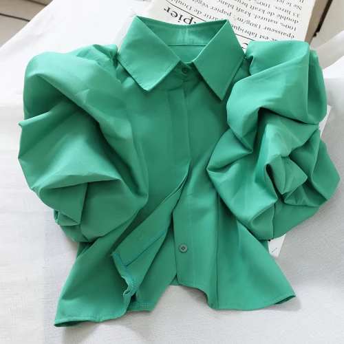

Elegant Court Style Short Blouse 2021 Autumn Spring Holiday Beach Green Blusas Turn Down Collar Puff Long Sleeve Shirt