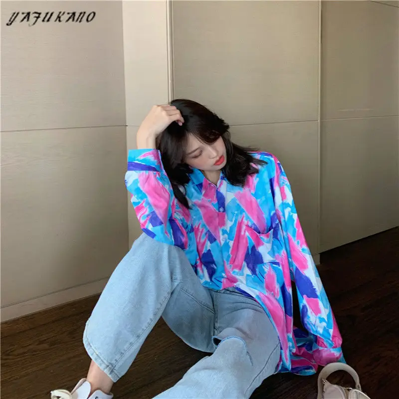 

Harajuku Shirts for Women Spring 2021 Fashion Tie Dye Print Button Up Shirt Korean Style Loose Casual Womens Blouse