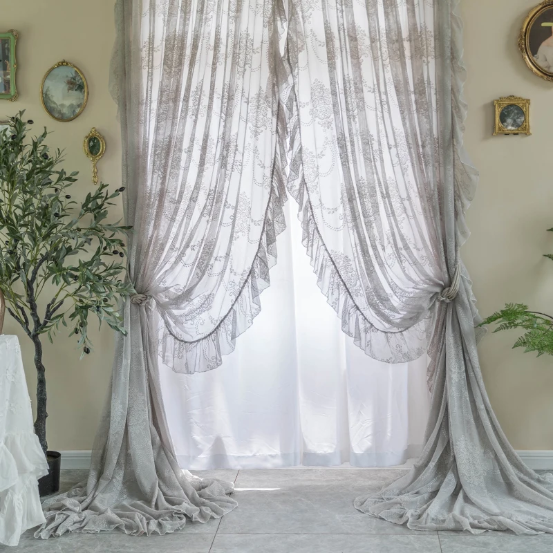 

French Retro Rococo Lace Ruffles Curtain Princess Solid Grey Gauze Curtain European style Tulles Voile Cortinas for Living Room