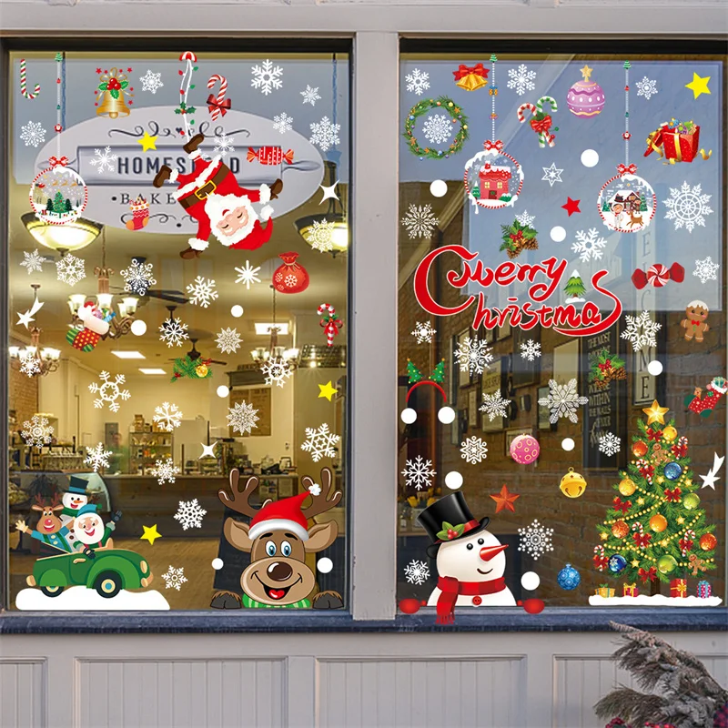 

Рождественские наклейки в виде снежинки, Санты, лось, красочные статические стеклянные наклейки, Съемные Наклейки на окна, клейкие палочки, ...