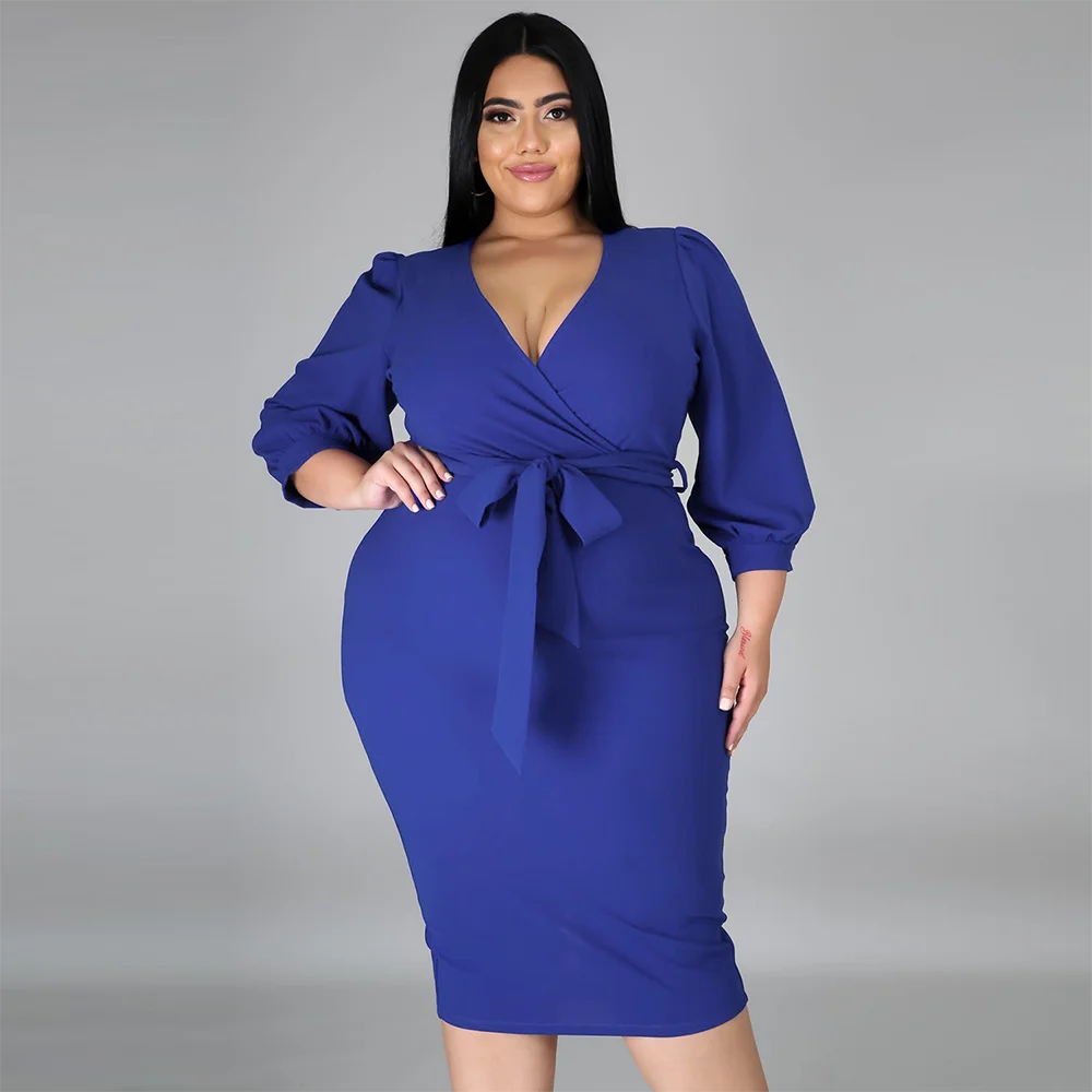 

Women Dress Plus Size 2021 Fashion Puff Sleeve V Neck Wrap Dresses Blue Autumn Winter Elegant Midi Blue Club Party Dress Outfits
