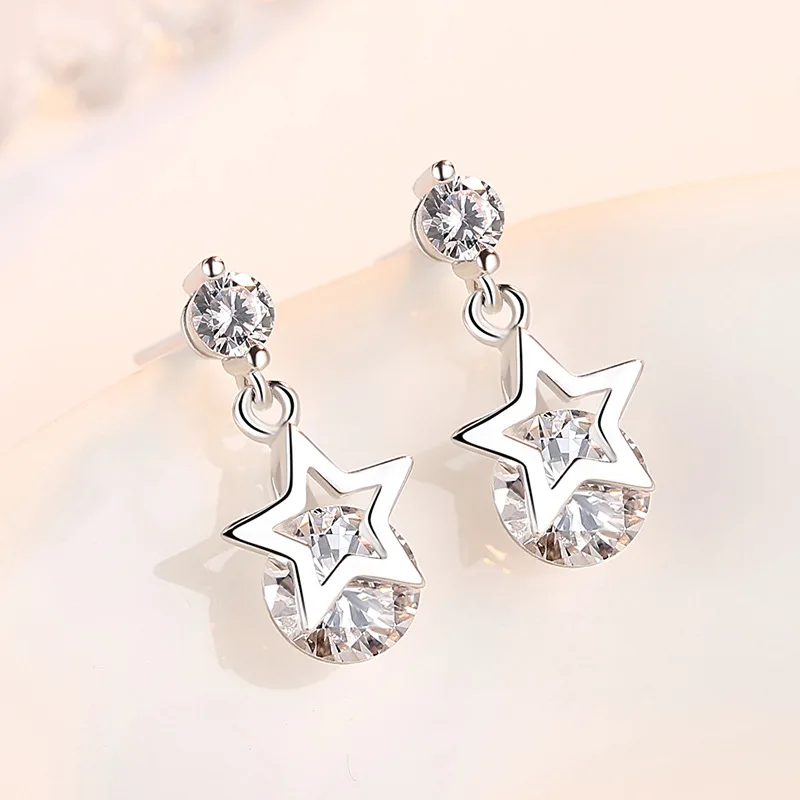 

925 Sterling Silver Zircon Star Stud Earrings For Women Boucles d'oreilles Wedding Jewelry Girl Gifts eh660