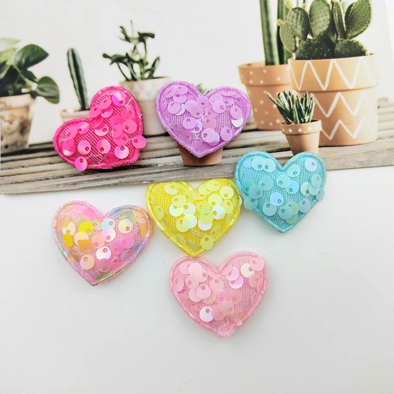 

40Pcs/LOT 3.5*3CM Sequin Fabric Heart Padded Appliques For DIY Handmade Children Hair Clip Accessories Patches DIY Hat Clothes