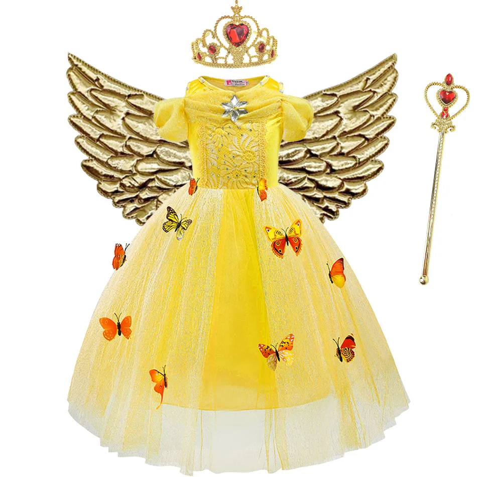 

Princess Dress for Girls Cinderella Short Sleeve Butterfly Yellow Dress Flower Kids Dresses Girl Birthday Party New Year Costume