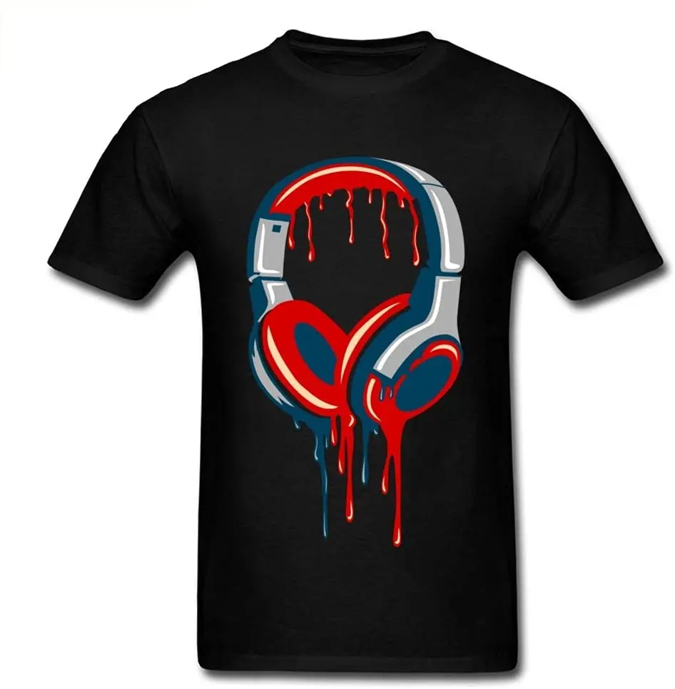 

Headphone Print Men's Black Tee Shirts Funky Art Design Adult Short Sleeve T-shirt