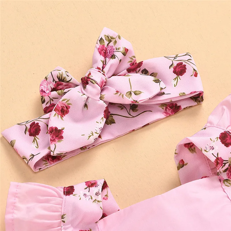 

Newborn Baby Girl Clothes Summer Clothes Short Sleeve Floral Print Romper Bodysuits Sunsuit Headband 2pcs Outfits Baby Set