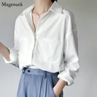 Женская блузка в офисном стиле, белая рубашка с отложным воротником и карманами, на пуговицах, с длинным рукавом, топы свободного покроя, женские топы, блузы, весна-осень 6068