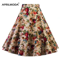 women midi pleated skirts vintage 50s 60s flower printed summer ball gown high waist audrey hepburn retro swing skater 2020