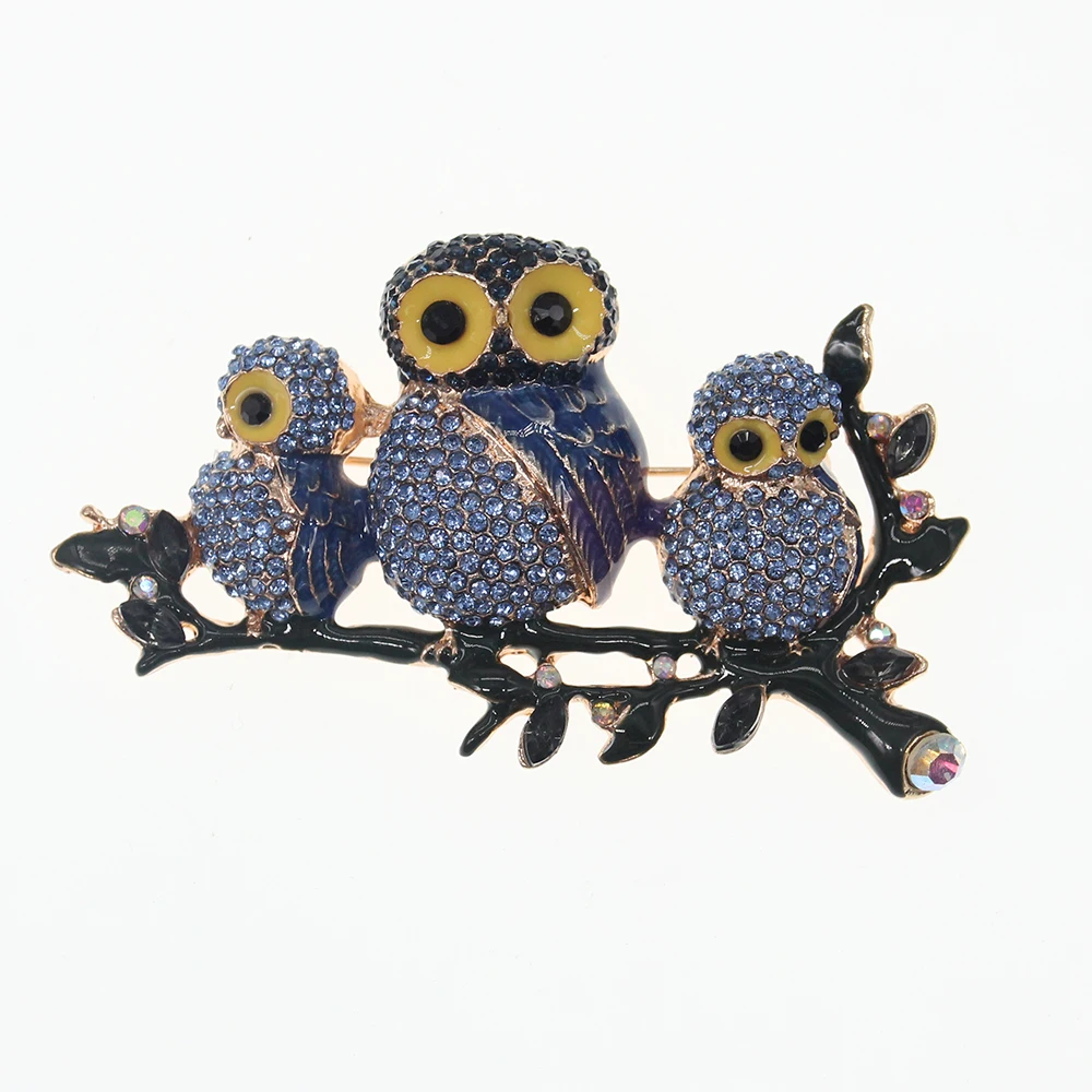 

50pcs/100pcs Cute Blue Ctystal Three Owlets on A Branch Brooches Enamel Rhinestone Animal Bird Owl Brooch Pin For Gift