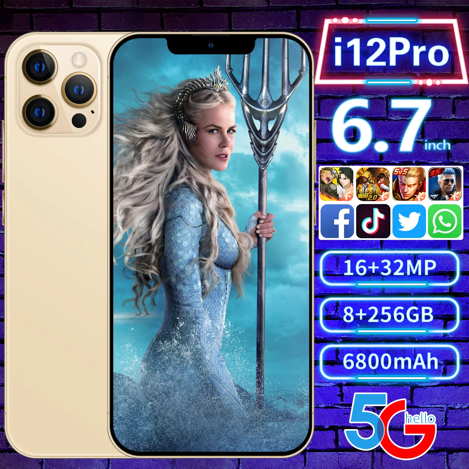 

6.7'' FHD Global Version i12Pro Phone 8GB 128GB/256GB MTK6889 Deca Core Display Smartphone 6800mAh Fast Charge 32MP Three Camera