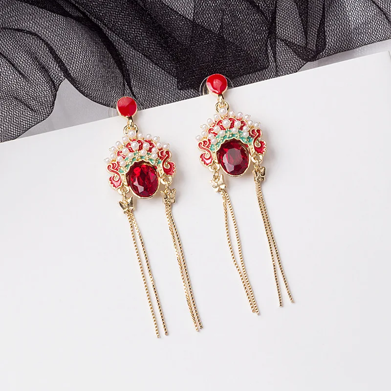 

925 Silver Needle Chinese Style Peking Opera Mask Tassel Earrings Ethnic Style Crystal Zircon Mask Knife Horse Dan Earrings