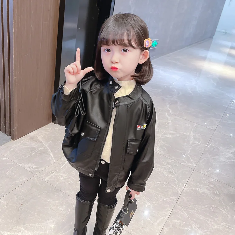 

baby girls jackets PU leather stand collar zipper fly zip up kids clothing toddler coats outwear cartoon children 3 to 8 yrs
