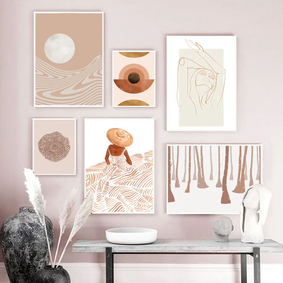 Абстрактная девушка в длинном платье солнце лес скандинавские стены искусства