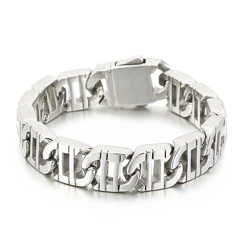 

15mm Punk Rock Silver Color Hollow Men Bracelet Bangle Hiphop Stainless Steel Vintage Viking Biker Wrist Band Jewelry