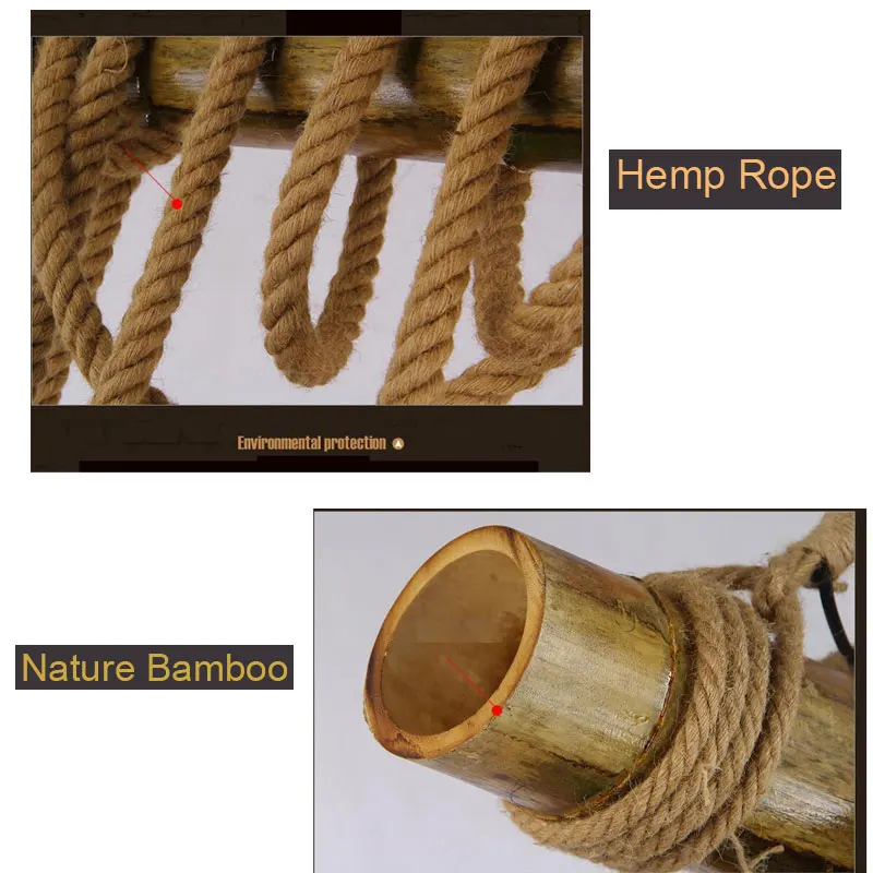 Винтажная люстра в стиле лофт с бамбуковой пеньковой веревкой подвесной