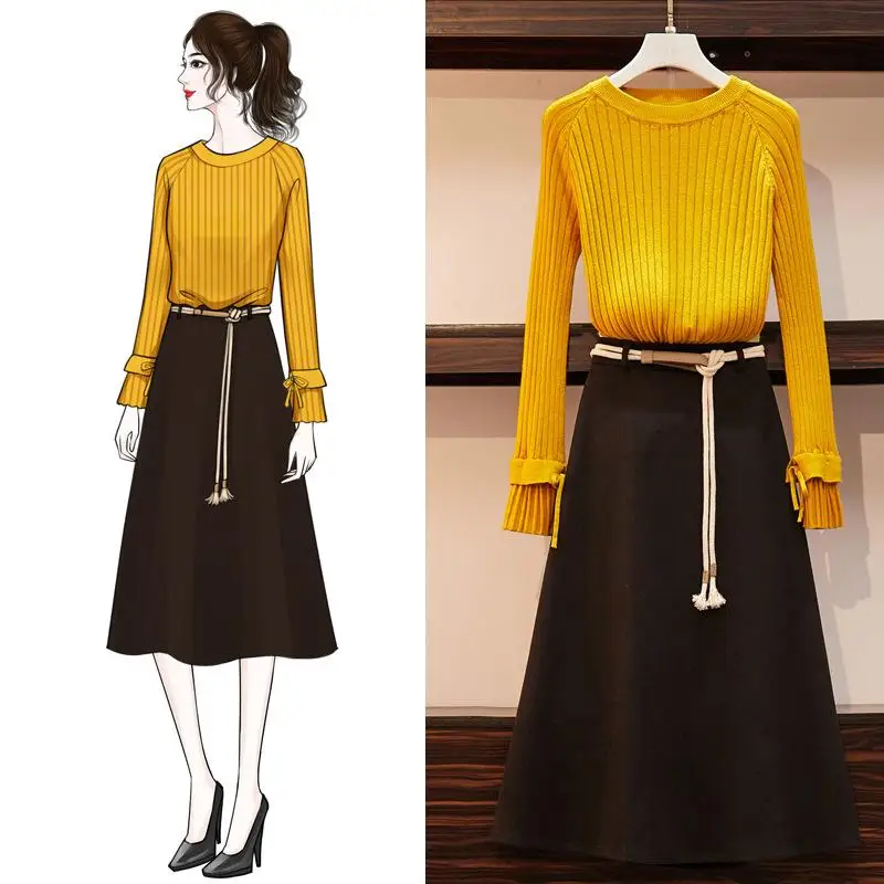 ICHOIX комплект из 2 предметов с юбкой элегантный женский офисный свитер и юбка миди
