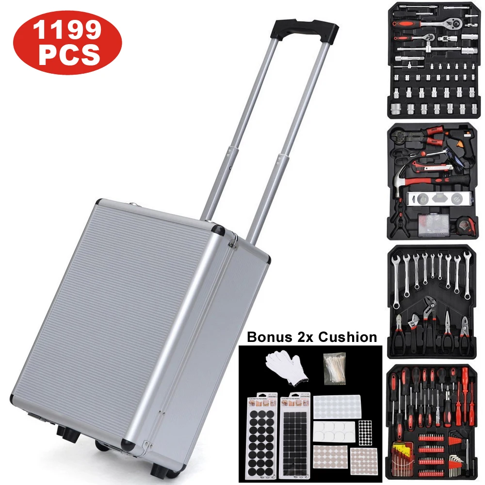 

1199pcs Iron Household Tool Set Black Red with Trolley Case Silver[US-Stock]