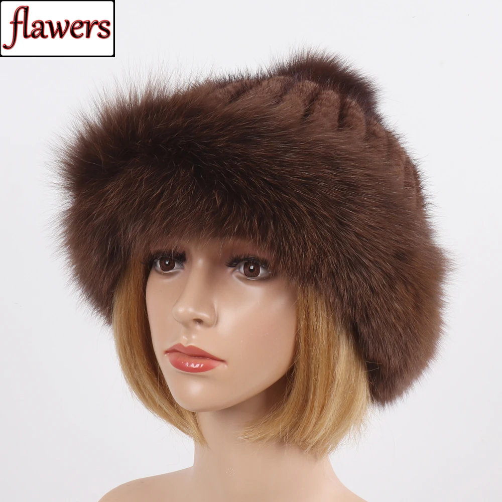 

2023 New Lady Luxury Hand Knitted Real Mink Fur Cap Women Warm 100% Natural Mink Fur And Fox Fur Hats Russia Winter Real Fur Hat