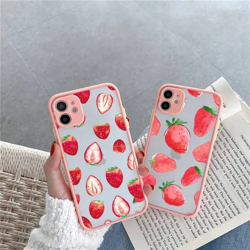 

Strawberry Phone Case For iPhone 12 11 Mini Pro XR XS Max 7 8 Plus X Matte transparent Pink Back Cover