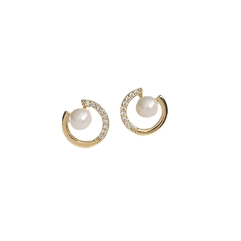 

2021 New Arrival Korea Trendy Earring Round Exquisite Pearl Round C-shaped Simple Stud Earring For Women Fashion Crystal Jewelry