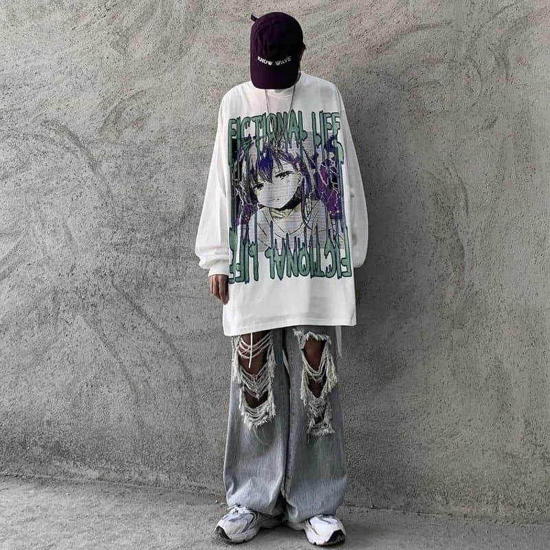 

T-shirt Men And Women Fall Ins Harajuku Style High Street Two-dimensional Animation Printing Loose Long-sleeved Student Shirt