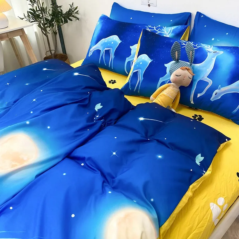 

Deer print Blue Duvet Cover Set Twin Full Queen Animals Bedding Lightweight Microfiber Comforter Cover Bed sheet 2 Pillow shams