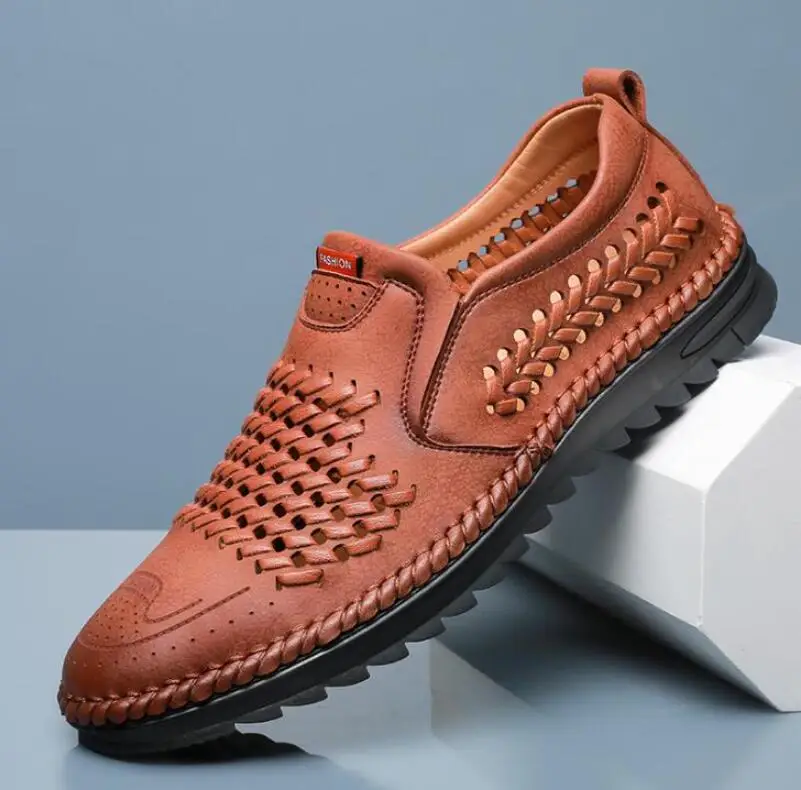 

2021 Summer New Men's Sewing Casual Shoes Breathable Male Split Leather Loafers Wear-Resisting Men Soft Bottom Driving Shoe