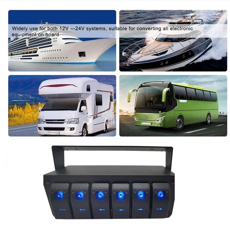 

12/24V 6 LED Rocker Switch Panel Gang ON-OFF Double Light Switch for Marine Caravan RV Ship Toggle Switch Panel