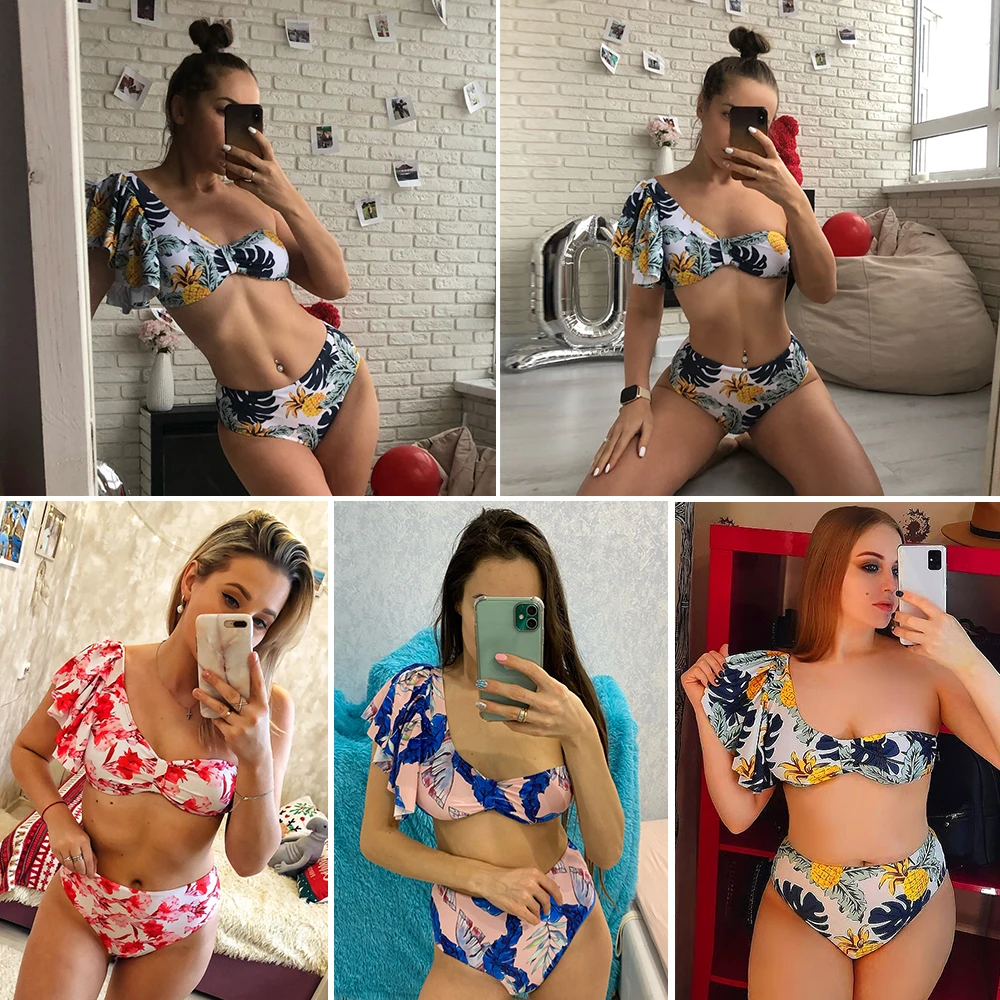 

One Shoulder Bikini Set 2021 Sexy Ruffle Swimwear Women Swimsuit High Waist Bathing Suit Beachwear Red Print Biquini female