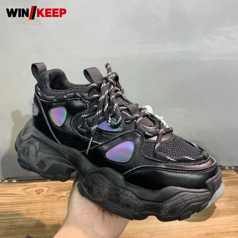 

Женские винтажные кроссовки на шнуровке, черные брендовые кроссовки из 100% натуральной кожи, обувь для бега в стиле пэчворк, Уличная обувь дл...