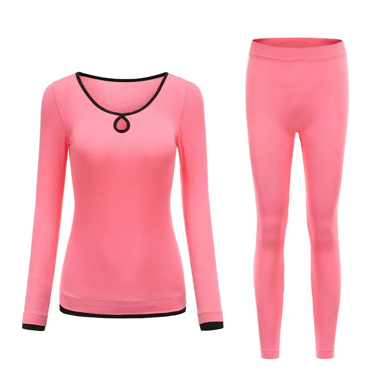 

Autumn and Winter Contrast Color Round Neck Seamless Thermal Underwear Suit Women's Elastic Base Soft Cotton Sweater Ondergoed